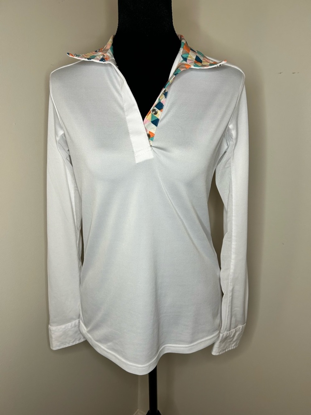 Shires Equestrian Style Show White Shirt Geometric Pattern Collar Long-Sleeve S